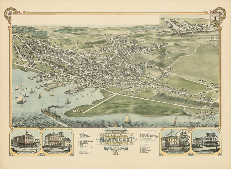 Nantucket Bird's Eye View 1881, Colored Unframed