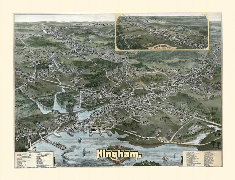 Hingham, MA 1885 Bird's Eye View Unframed