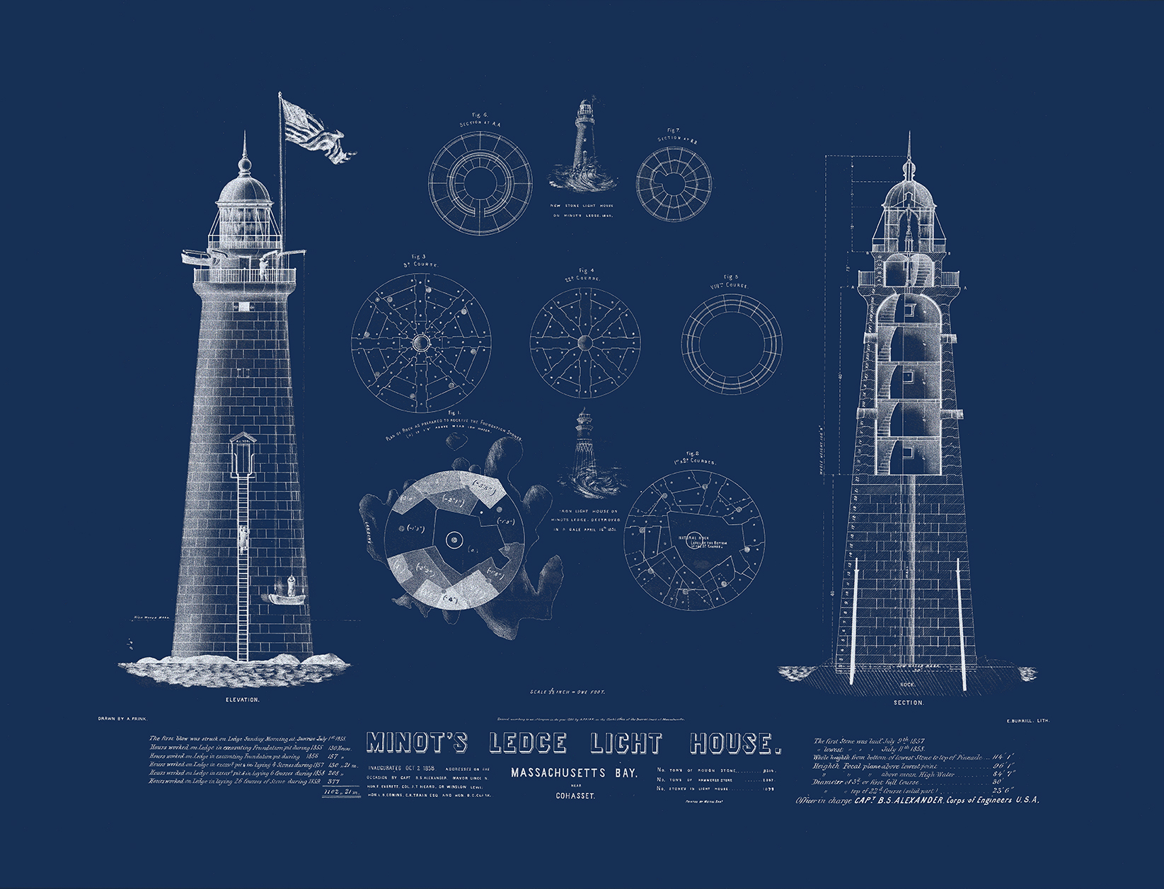 Minot Ledge Light House, MA 1855 Architectural Drawings Unframed