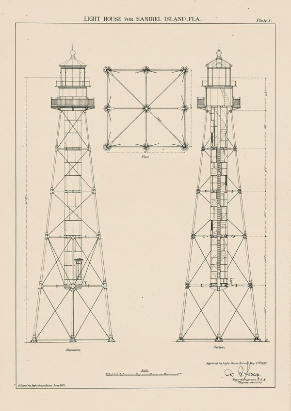 SANIBEL ISLAND LIGHTHOUSE, Florida - Drawing, 1883 Unframed