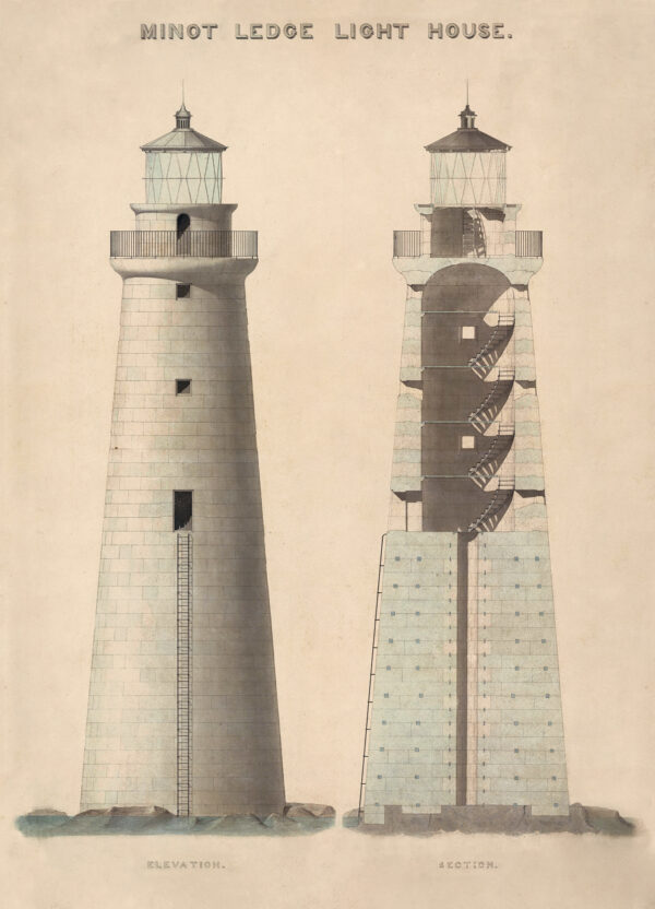 MINOT LEDGE LIGHTHOUSE, Cohasset/Scituate, MA - Drawing, 1855 Unframed