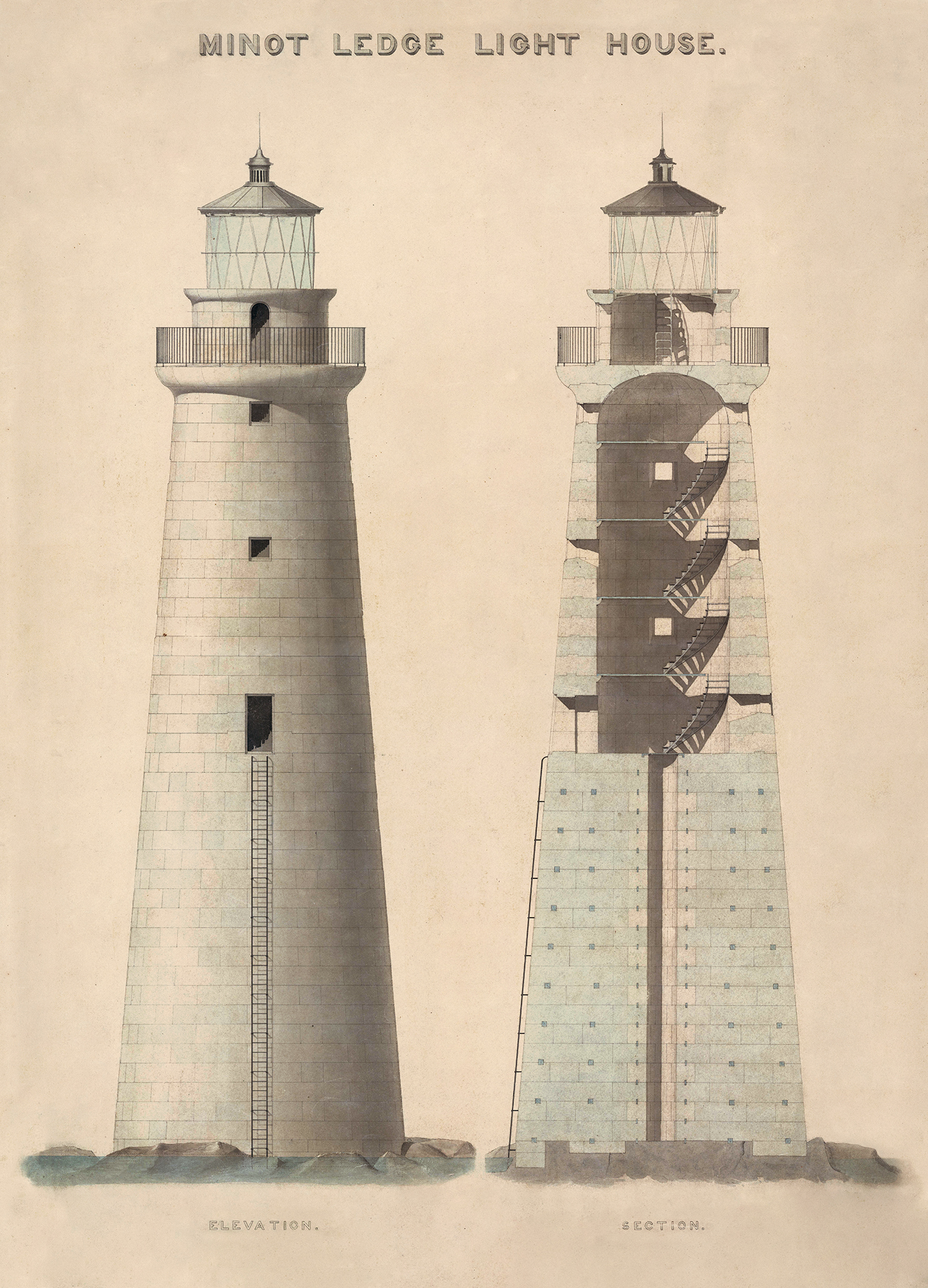 MINOT LEDGE LIGHTHOUSE, Cohasset/Scituate, MA - Drawing, 1855 Unframed